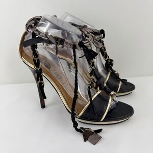 Lanvin Black Gold Leather Heels Ankle Wrap Sandals 39.5 Italy Designer Chic